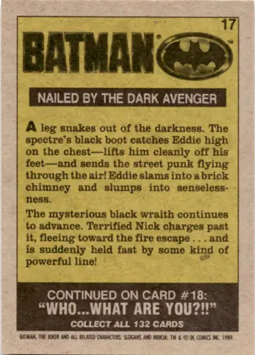 Vintage Topps Batman trading card featuring Dark Avener in EX/NM condition