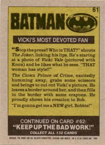 1989 Topps Batman trading card showing Vicki’s Most Devoted Fan with original gloss