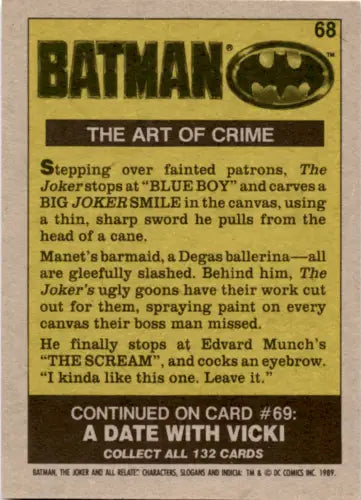 Back of 1989 Topps Batman #68 trading card featuring original gloss and Simply Sandoval