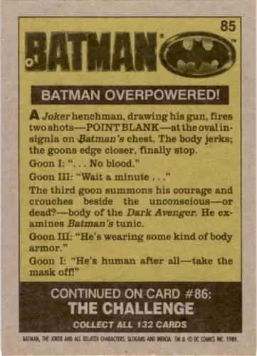 1989 Topps Batman #85 trading card back featuring Batman Overpowered with original gloss