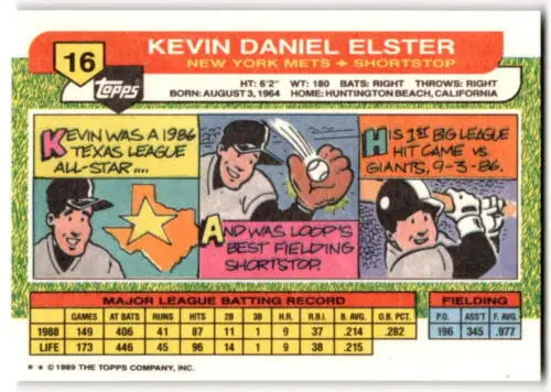 Baseball card back of 1989 Topps Big #16 Kevin Elster with original gloss Mets ID:43818