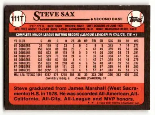 1989 Topps Traded 111T Steve Sax New York Yankees Baseball Card with original gloss