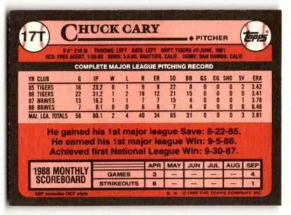 Back of 1989 Topps Traded #17T Chuck Cary New York Yankees Baseball Card with original gloss