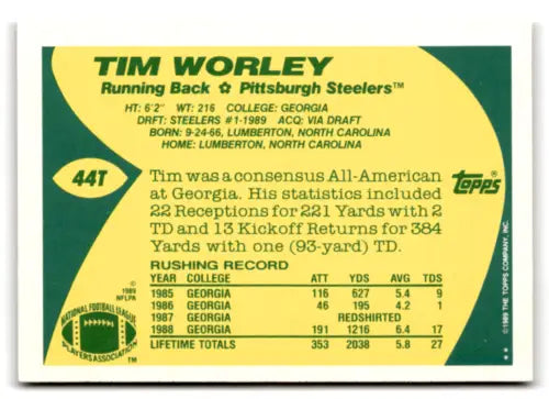 1989 Topps Traded #44T Tim Worley football card with original gloss, Steelers rookie card