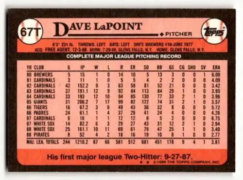 1989 Topps Traded #67T Dave LaPoint New York Yankees baseball card original gloss