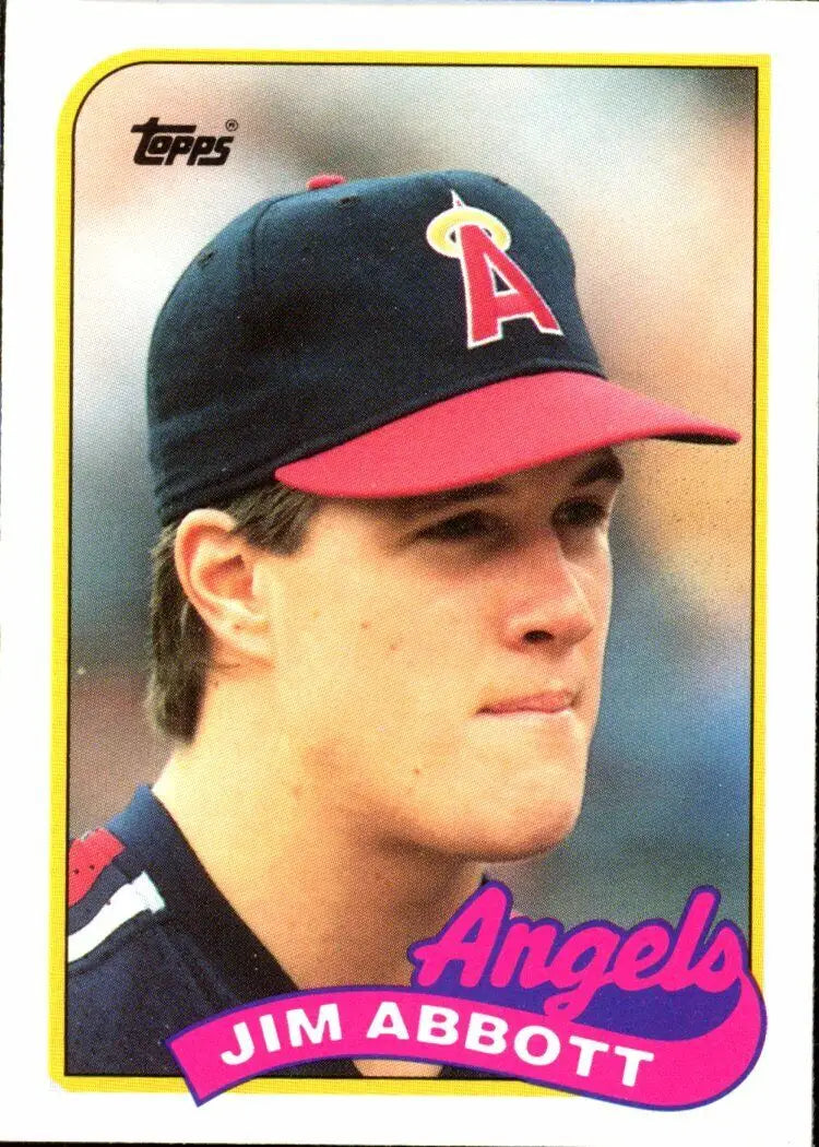 Baseball card of Jim Abbott Rookie from 1989 Topps Traded Jim with California Angels cap