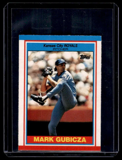 1989 Topps UK Minis card of Mark Gubicza, Kansas City Royals pitcher mid-delivery