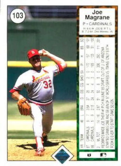 Baseball card of Joe Magrane mid-throw, St. Louis Cardinals, Upper Deck 1989