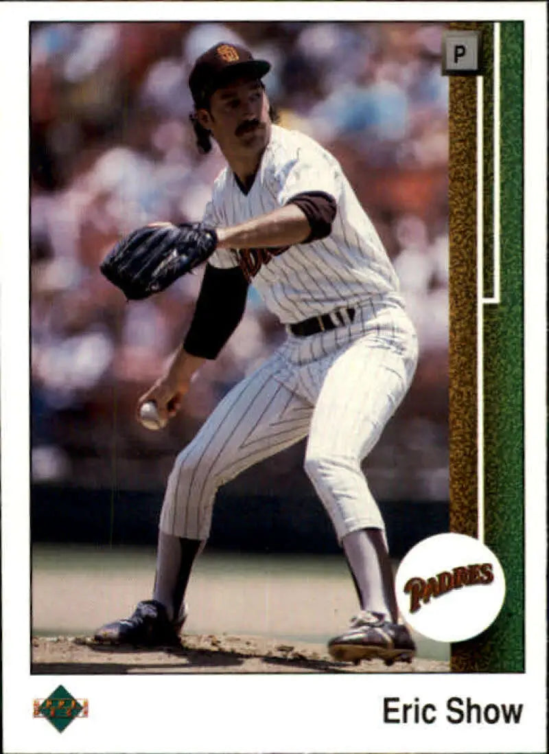 Baseball player mid-pitching in San Diego Padres pinstriped uniform, 1989 card