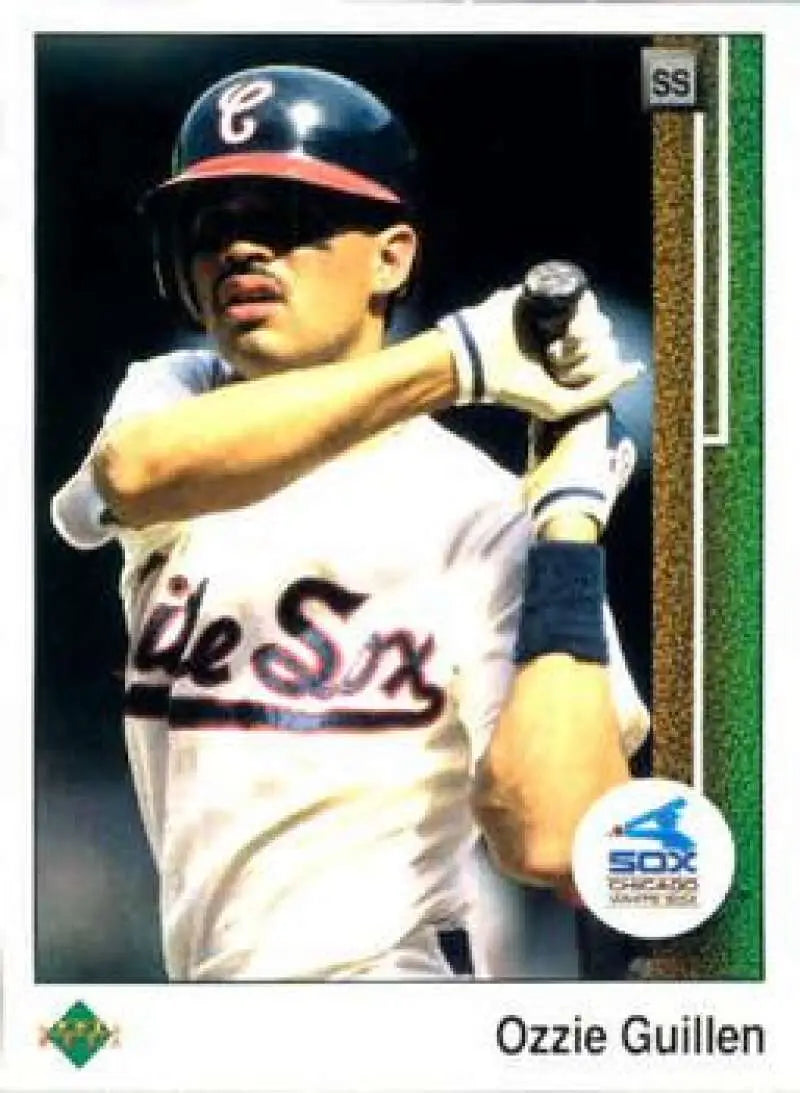 Baseball card of Ozzie Guillen in batting stance for Chicago White Sox