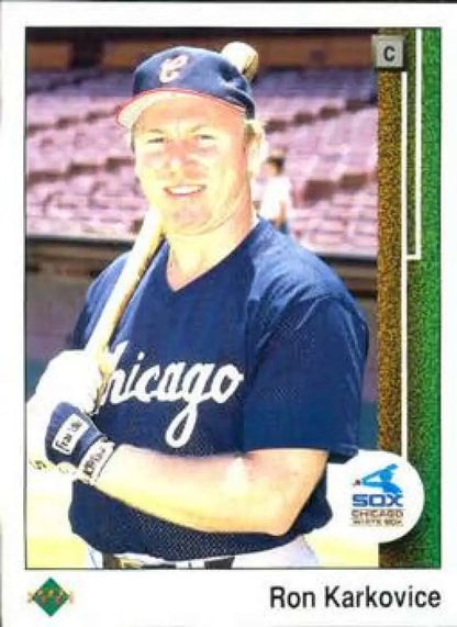 Baseball player Ron Karkovice in Chicago White Sox uniform holding a bat