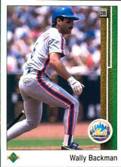 Wally Backman in New York Mets uniform swinging bat on 1989 Upper Deck baseball card