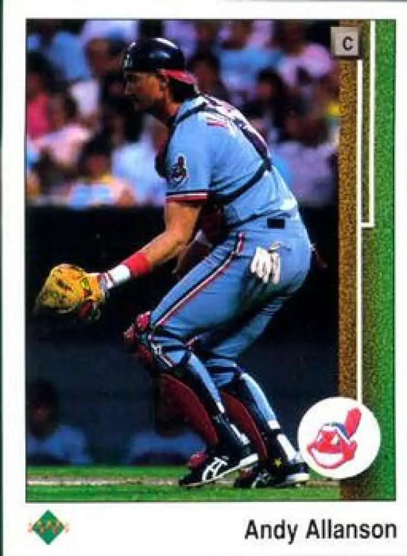 Baseball catcher Andy Allanson in light blue uniform for Cleveland Indians baseball card