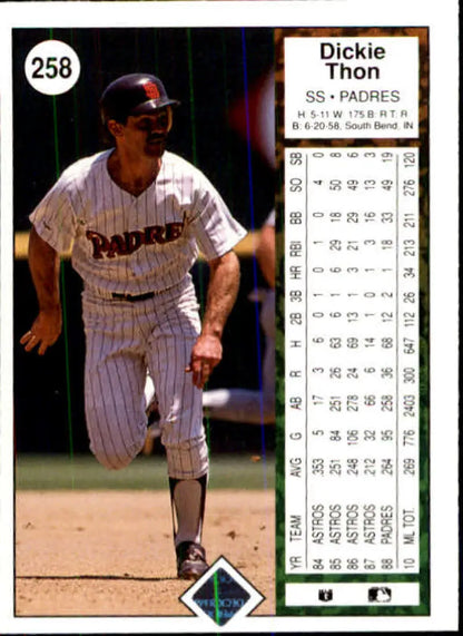 Dickie Thon Baseball Card from 1989 Upper Deck featuring San Diego Padres in pinstripes