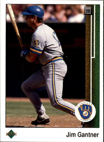 Milwaukee Brewers player Jim Gantner batting in gray uniform on baseball card