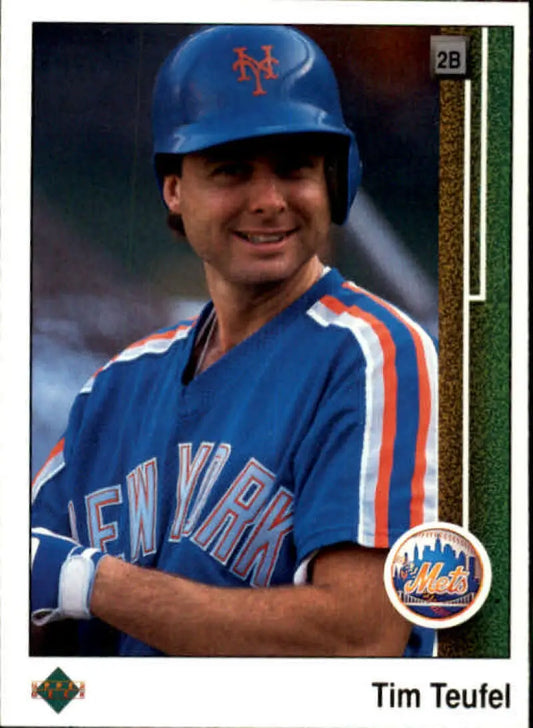 Baseball player in New York Mets uniform featured on 1989 Upper Deck Tim Teufel baseball card