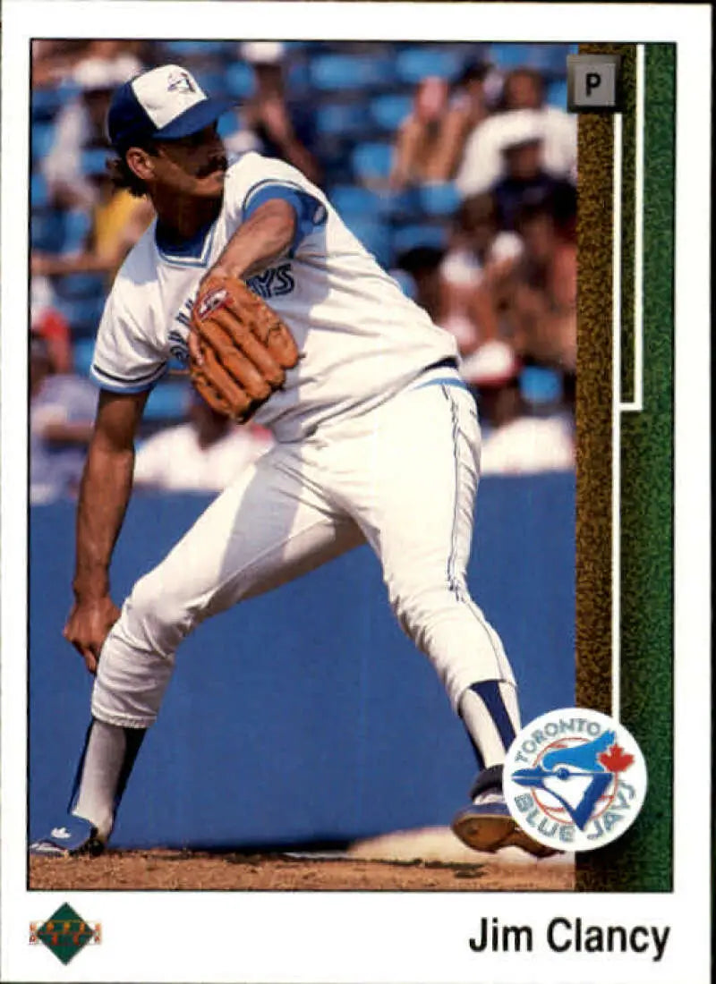 Toronto Blue Jays pitcher Jim Clancy mid-pitching on 1989 Upper Deck baseball card