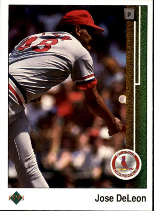 Jose DeLeon pitching in St. Louis Cardinals away uniform for baseball card display