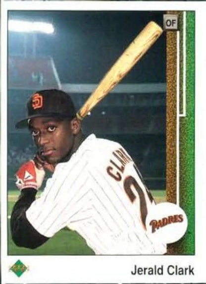 Jerald Clark batting on 1989 Upper Deck baseball card for San Diego Padres