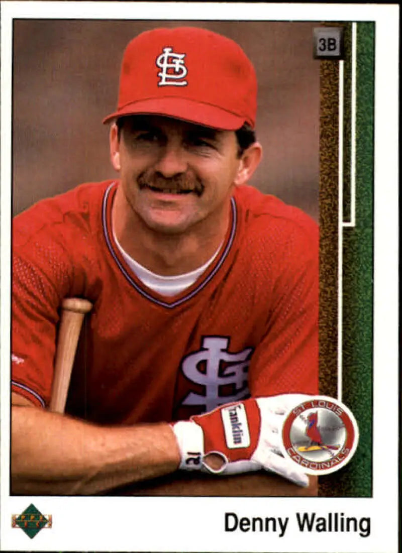 St. Louis Cardinals player in red uniform holding bat on 1989 Upper Deck Denny Walling Baseball Card