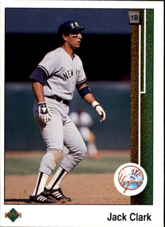 Baseball player in New York Yankees uniform featuring Jack Clark baseball card artwork