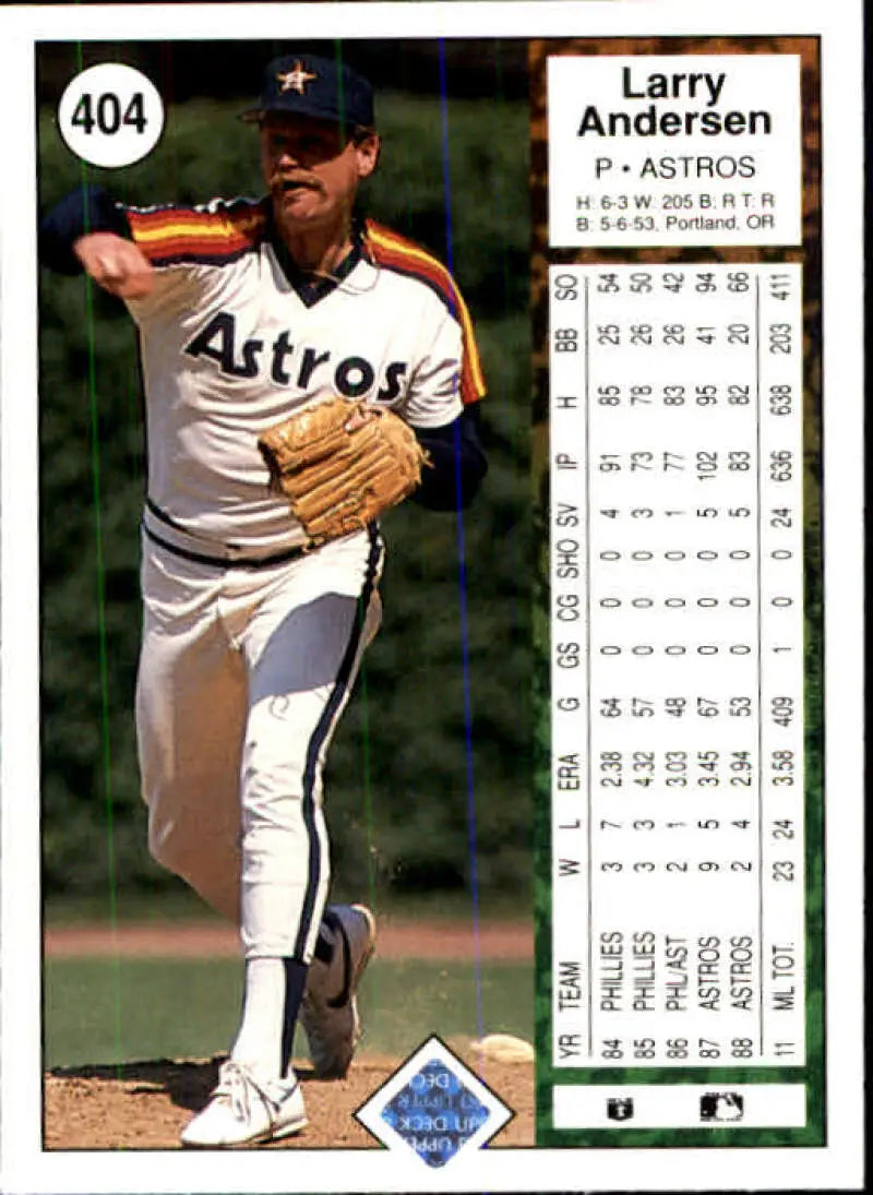 1989 Upper Deck #404 Larry Andersen Baseball Card of Houston Astros Pitcher in Uniform