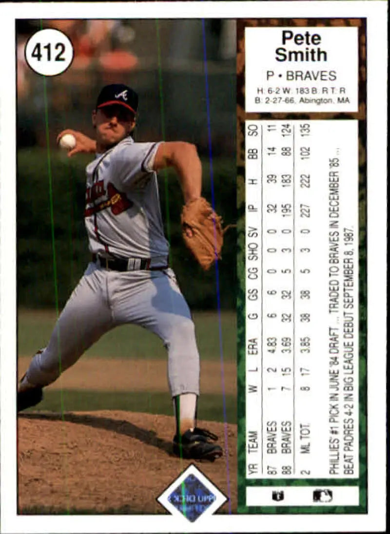 Baseball card of Atlanta Braves pitcher Pete Smith in gray uniform by Upper Deck