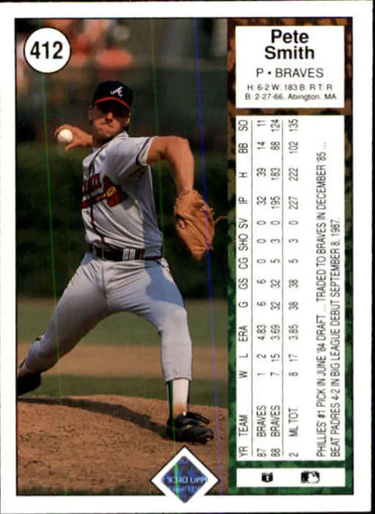 Baseball card of Atlanta Braves pitcher Pete Smith in gray uniform by Upper Deck