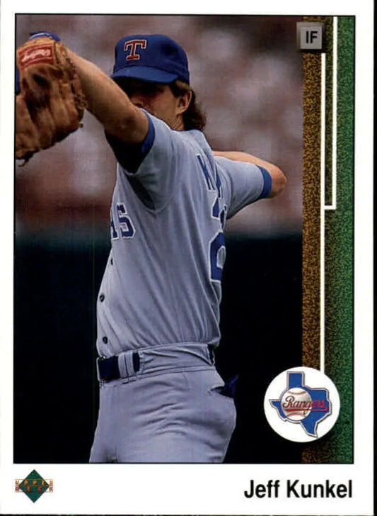 Baseball player Jeff Kunkel in Texas Rangers uniform mid-pitching motion