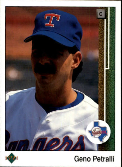 Baseball card of Geno Petralli in Texas Rangers uniform with blue cap and white jersey