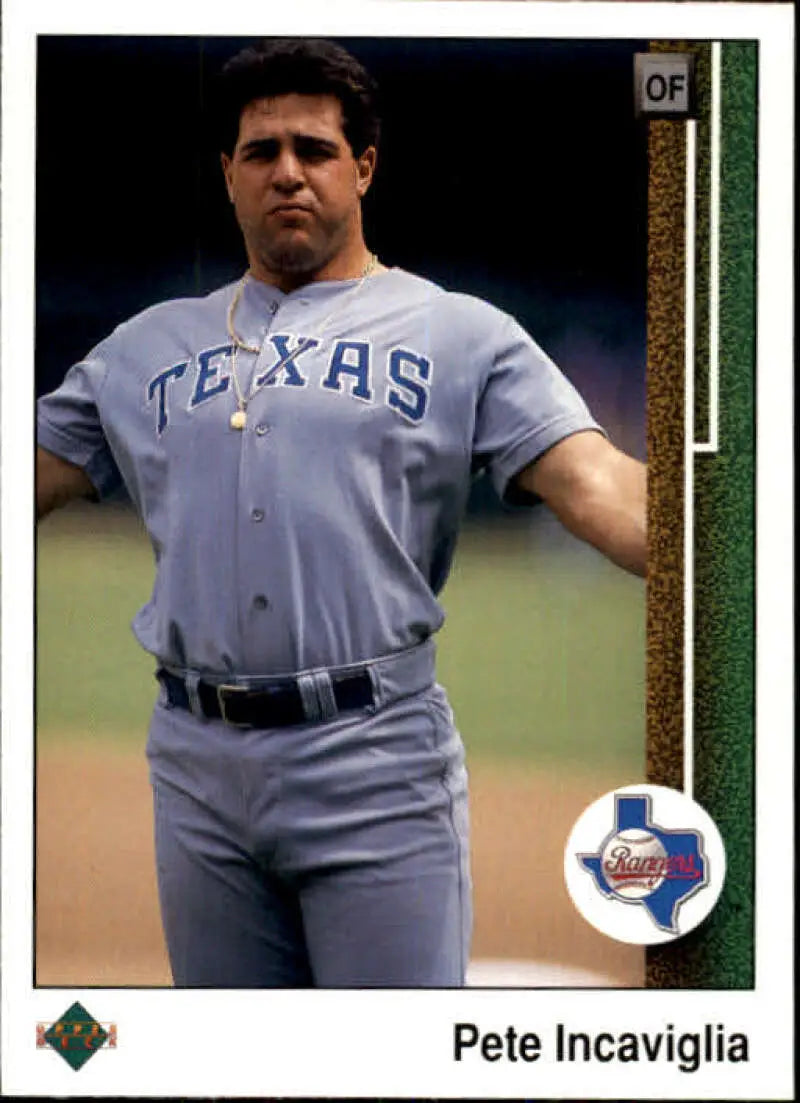 Pete Incaviglia in Texas Rangers road uniform from 1989 Upper Deck baseball card