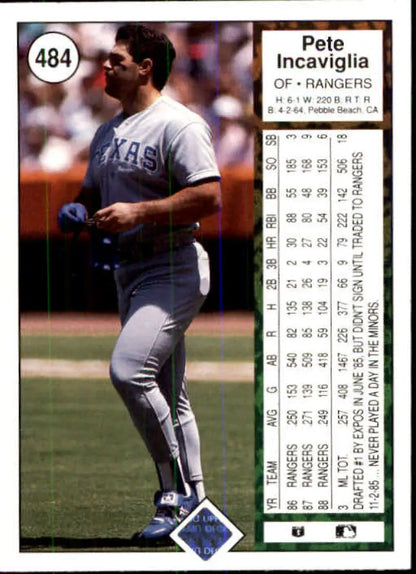 Baseball card of Pete Incaviglia in Texas Rangers uniform from Upper Deck 1989