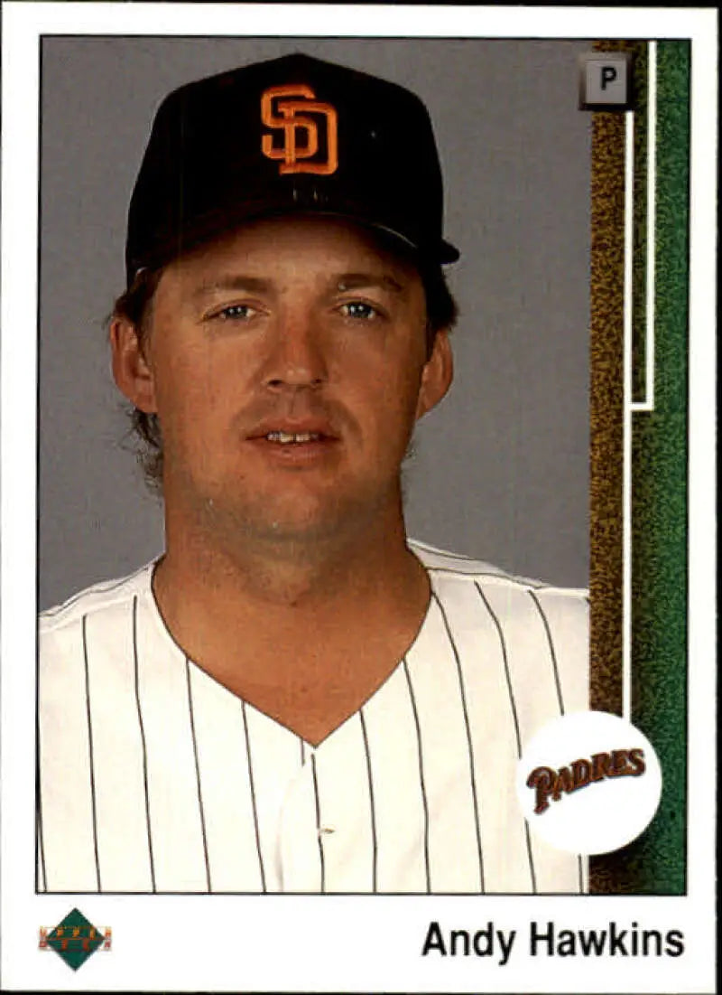 Baseball card of Andy Hawkins in San Diego Padres home pinstripe uniform