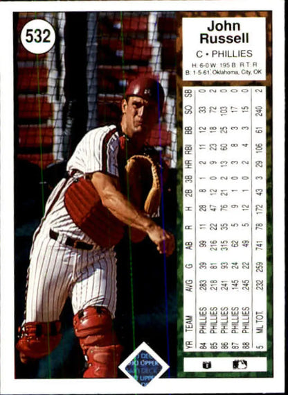 Baseball card of John Russell in Phillies pinstripes and catching gear from Upper Deck