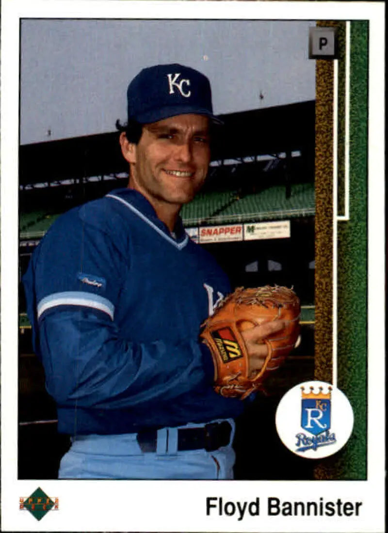 Baseball player in Royals uniform holding glove on 1989 Upper Deck baseball card