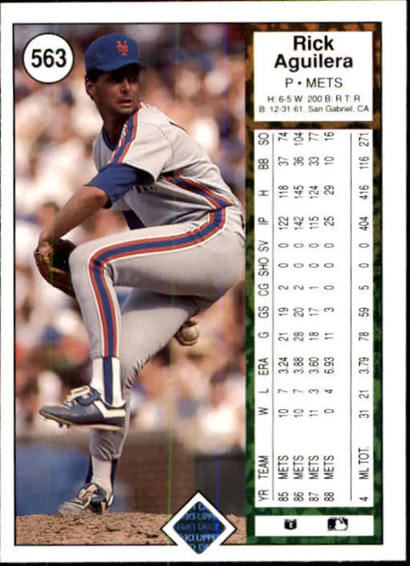 Baseball pitcher Rick Aguilera in New York Mets uniform on 1989 Upper Deck baseball card