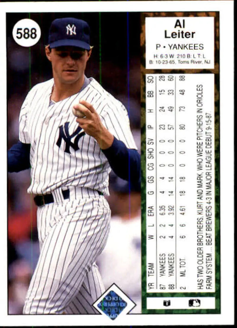 Baseball card of Al Leiter in pinstripe uniform, Upper Deck New York Yankees Baseball