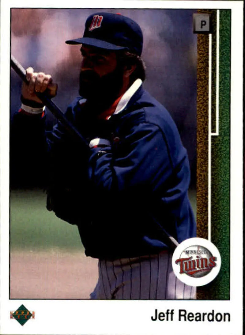 Baseball player in Minnesota Twins uniform at bat for Jeff Reardon baseball card