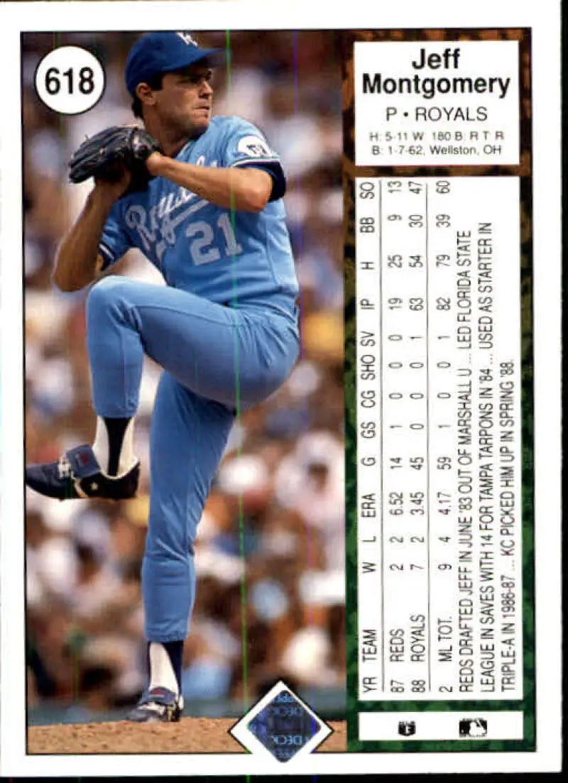 Baseball card of Jeff Montgomery in blue uniform for Kansas City Royals by Upper Deck