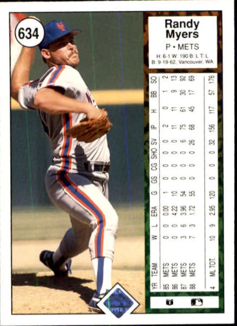 Baseball card of Randy Myers pitching in New York Mets uniform from Upper Deck