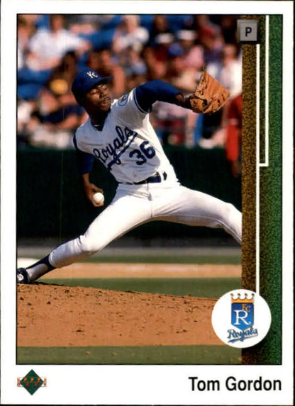 Kansas City Royals pitcher Tom Gordon mid-delivery on 1989 Upper Deck baseball card