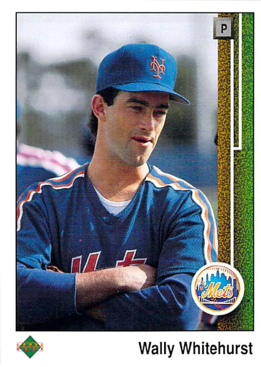 Wally Whitehurst 1989 Upper Deck Rookie Card featuring New York Mets player in blue uniform