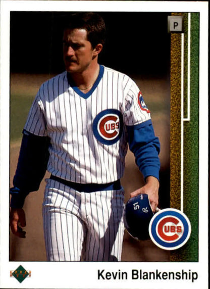 Chicago Cubs player in white pinstriped uniform on Kevin Blankenship baseball card