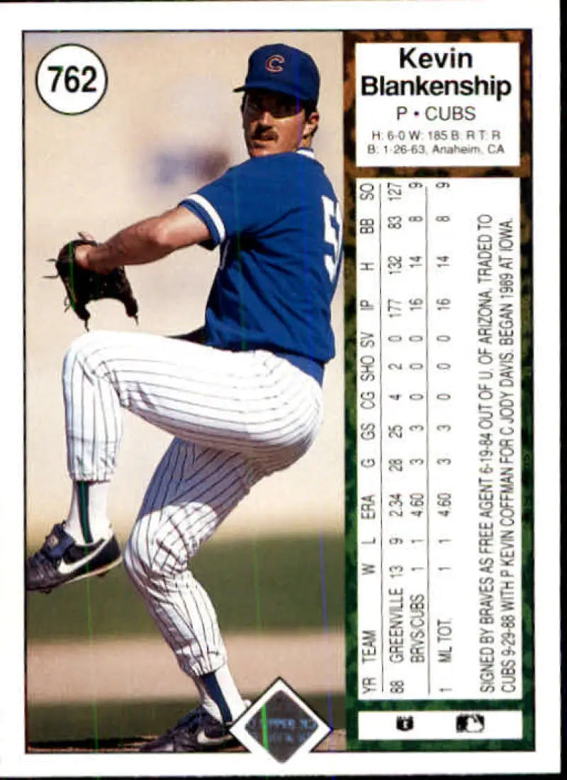 Chicago Cubs pitcher Kevin Blankenship in windup on 1989 Upper Deck baseball card