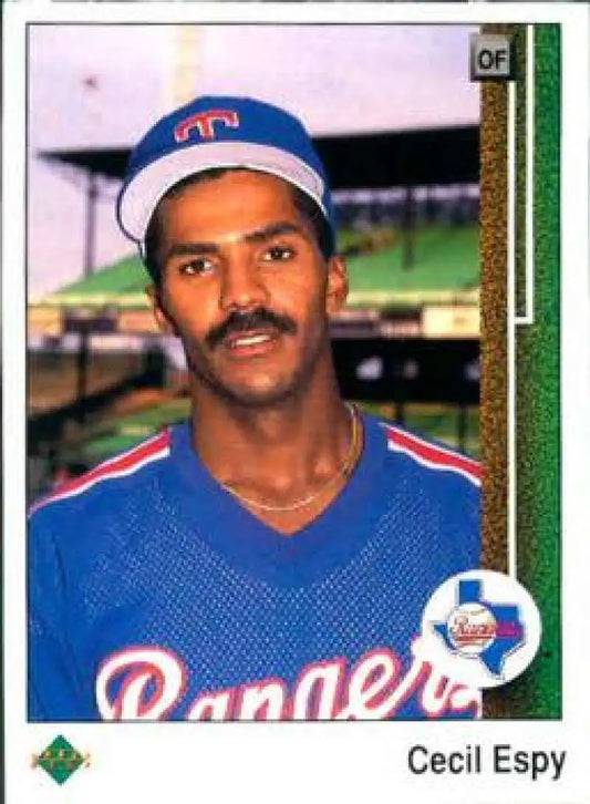 Cecil Espy Texas Rangers player baseball card from Upper Deck 1989 in blue uniform