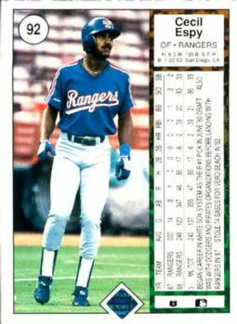 1989 Upper Deck #92 Cecil Espy Texas Rangers baseball card in white and blue uniform