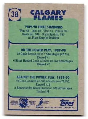 1990 1990-91 Topps #38b Calgary Flames Hockey Card featuring team logo and player stats