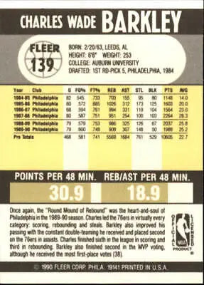 1990-91 Fleer #139 Charles Barkley UER Basketball Card NM Philadelphia 76ers