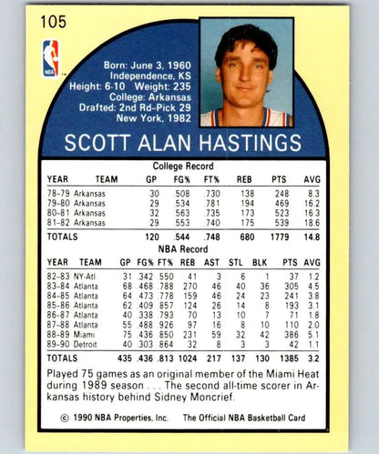 1990-91 Hoops #105 Scott Hastings Detroit Pistons basketball card with stats and bio