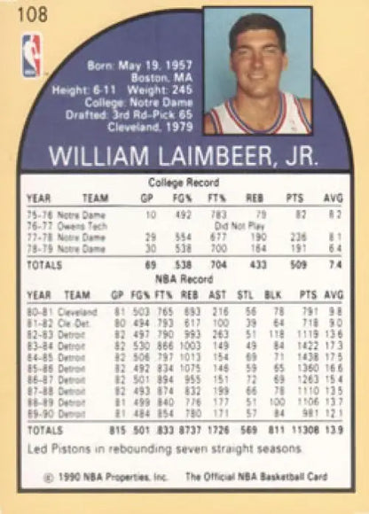 1990-91 Hoops Bill Laimbeer Basketball Card featuring Detroit Pistons player stats